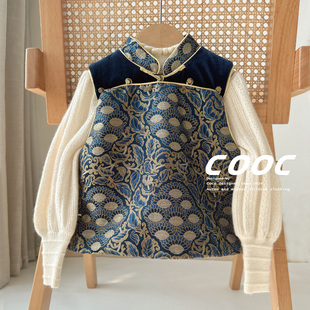 2025秋冬新款男童夹棉马甲背心唐装宝宝新年装国风兄妹拜年服