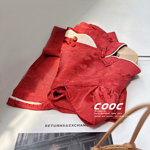 2023夏季女童红色周岁中国风旗袍汉服夏季薄款短袖复古唐装连衣裙