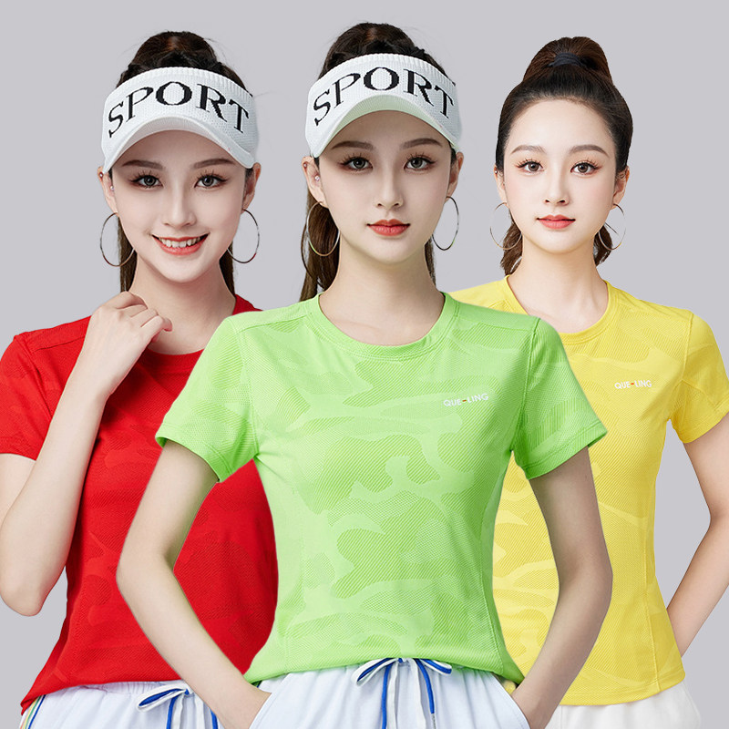 健身上衣女速干夏季2026跳操广场舞圆领短袖修身休闲时尚运动服装