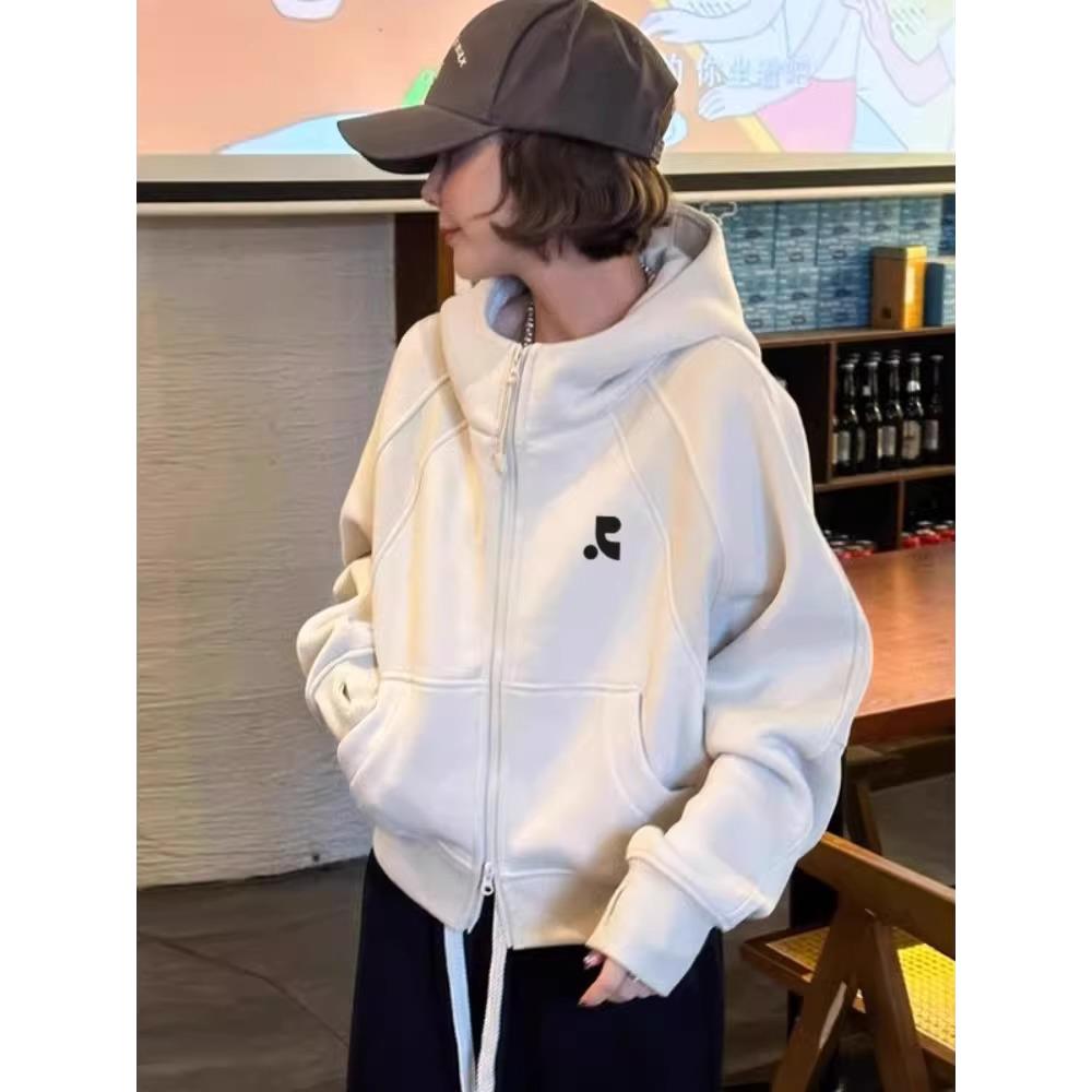 韩国代购Retionan白色连帽卫衣外套秋冬女款加绒加厚宽松夹克上衣