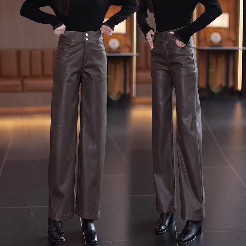 pu皮裤咖色阔腿裤女2025秋冬季新款高腰加绒加厚显瘦宽松直筒裤子,女装/女士精品,大码裤装,淘宝优惠券,粉丝福利购,淘宝优惠卷