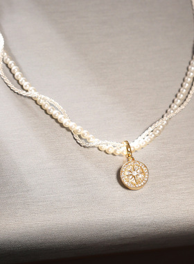 幸运八芒星吊坠项链双层缠绕珠珠链项饰女时尚感锁骨链