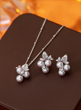 银色微镶葡萄珍珠项链耳钉套装