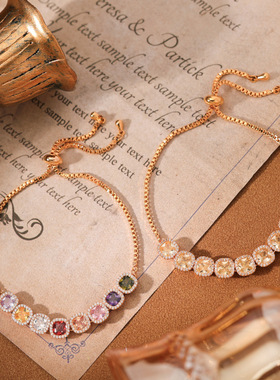 真金电镀微镶多巴胺彩色锆石气质手链女小众设计感可调节抽拉手