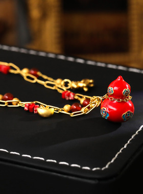 红色喜庆古法沙金葫芦招财项链