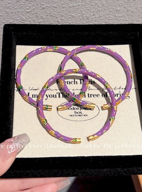 古法沙金珐琅彩花丝银杏叶紫色开口手镯复古国潮复古烧蓝工艺