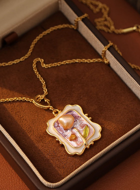 原创设计复古铜镜粉紫色油画项链巴洛克珍珠diy万能扣吊坠毛衣链