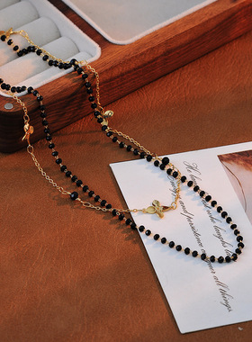 电镀四叶花黑曜石锁骨链女款