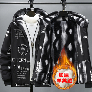 冬天男士棉衣加绒加厚大码羊羔绒保暖外套学生棉服潮流连帽棉袄男