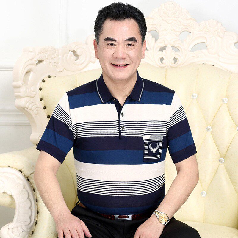 夏装中年男土短袖T恤40-50岁中老年人爸爸装父亲节有带领上衣服丅