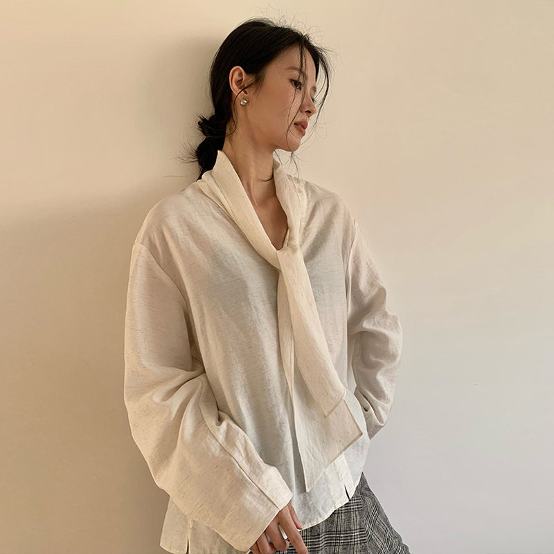 NEIHE内赫天丝亚麻气质女人极简飘带衬衫女春秋小衫上衣女252065