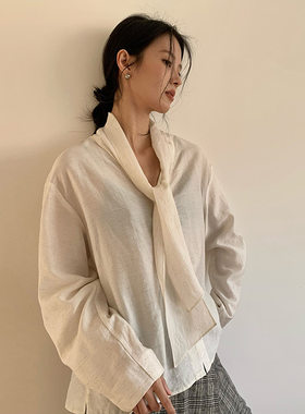 NEIHE内赫天丝亚麻气质女人极简飘带衬衫女春秋小衫上衣女252065