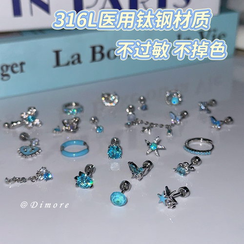 高级感医用钛钢蓝色耳钉耳骨钉耳环耳蜗钉独特漂亮耳饰女