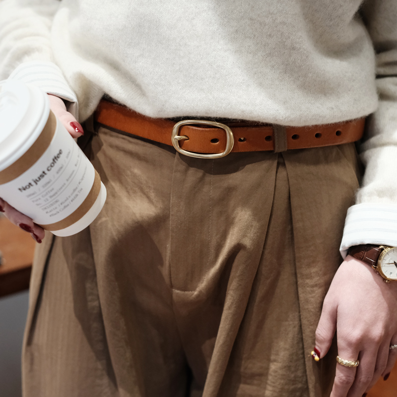 葱木铜扣头法式复古牛皮腰带百搭