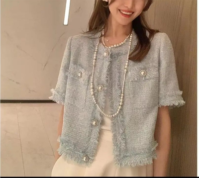 2025春夏新款蓝色小香风短袖薄款粗花呢百搭气质洋气上衣外套女