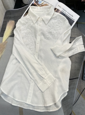 2025新款春夏女装时尚度假风白色重工刺绣女式高品质女式休闲衬衫