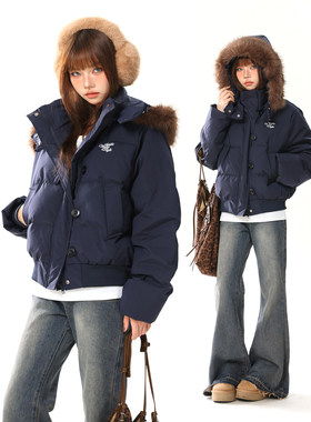 AONW冬季新美式复古连帽毛领藏青色羽绒服女90白鸭绒设计感外套