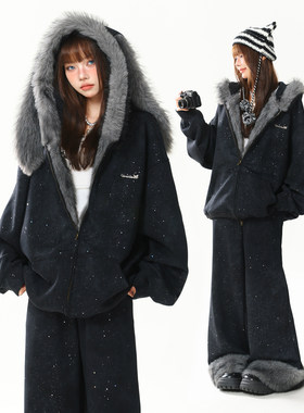 AONW美式满天星毛领兔耳朵冬季加绒连帽套装女宽松卫衣裤子两件套