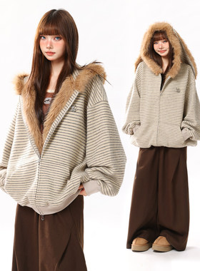 AONW秋冬新款美式潮牌条纹兔耳加绒开衫卫衣女连帽情侣毛领厚外套