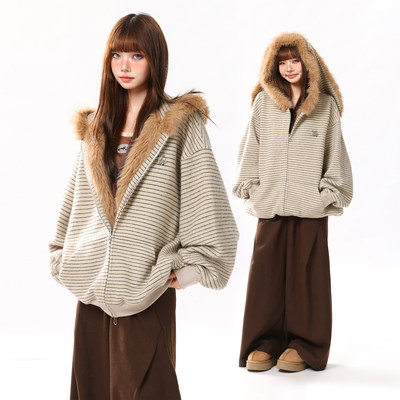 AONW秋冬新款美式潮牌条纹兔耳加绒开衫卫衣女连帽情侣毛领厚外套