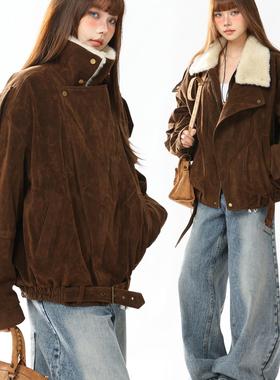 AONW冬新款巴恩风复古绒面毛领派克服棉衣女设计感夹棉翻领外套