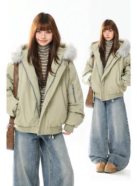 AONW美式复古毛领连帽棉服外套女冬季加厚保暖宽松棉衣连帽外套