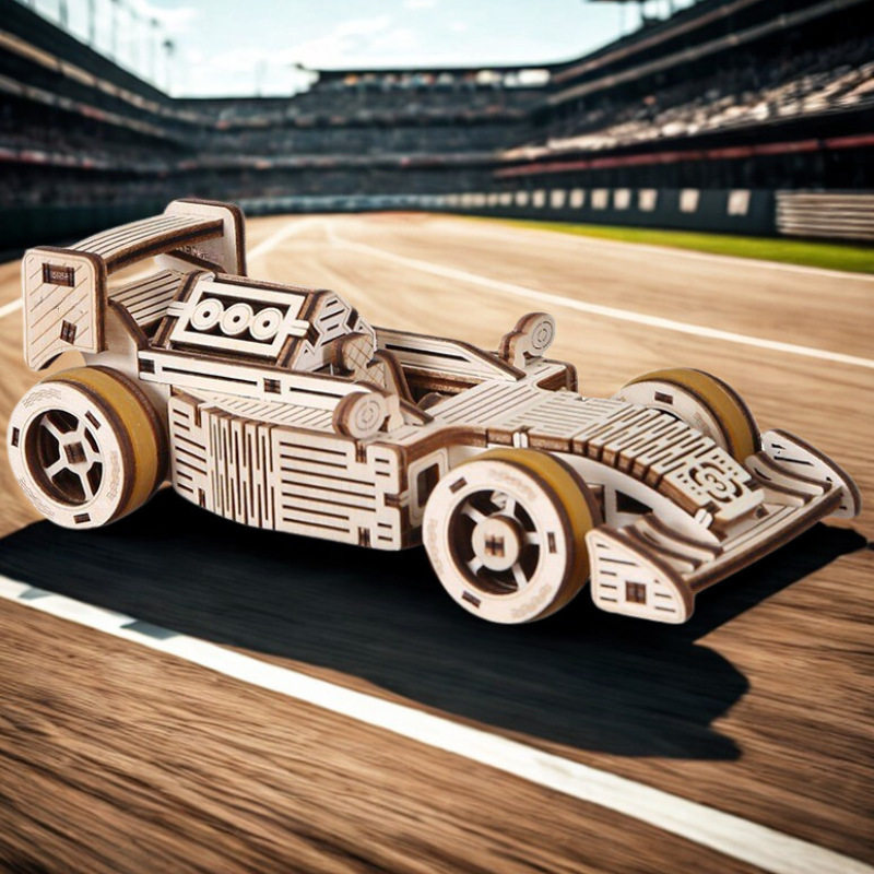 直营跨境3D木制拼图赛车回力传动木质拼装模型解压玩具桌面摆件