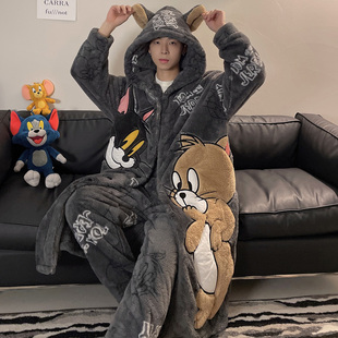 秋冬季加绒加厚睡袍男士珊瑚绒浴袍睡衣卡通青少年长袖家居服套装