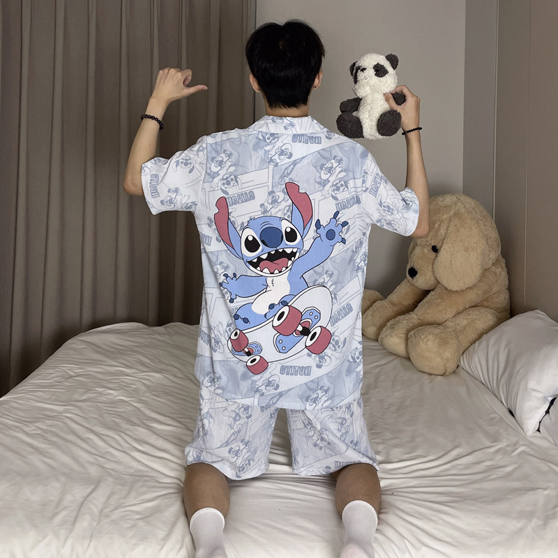 韩版夏季睡衣男短袖卡通青少年加肥加大码休闲开衫家居服套装夏天
