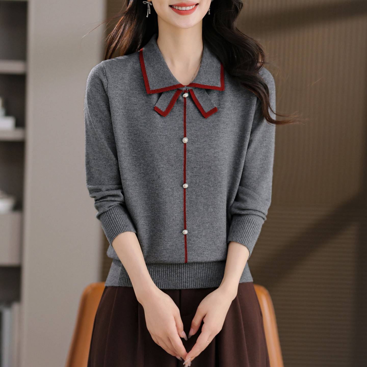 2025新款春秋款洋气蝴蝶结娃娃领长袖针织t恤女设计感打底衫上衣