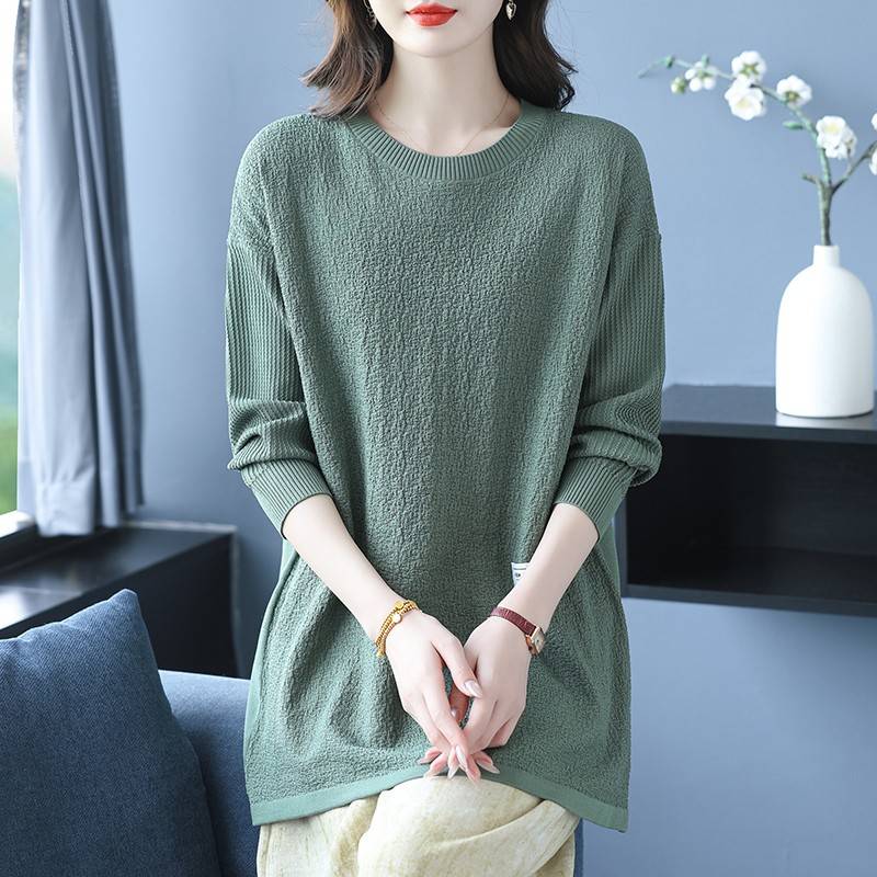 胖妈妈加大码上衣春秋休闲时尚中长款针织衫女宽松遮肉长袖T恤衫