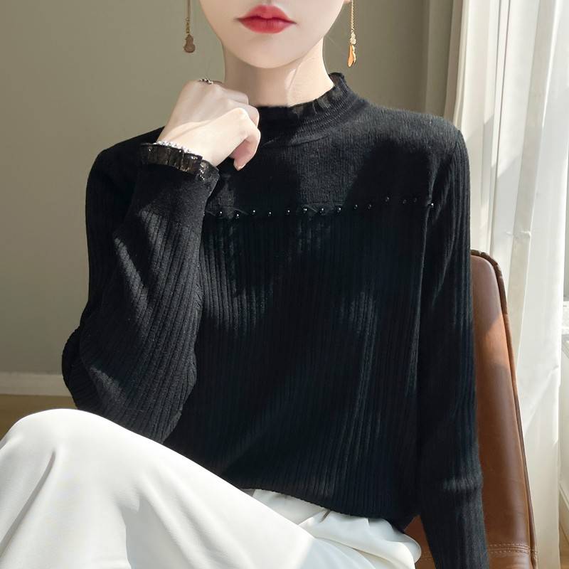 蕾丝打底衫女2025新款春秋内搭洋气钉珠针织上衣大码女装秋冬毛衣