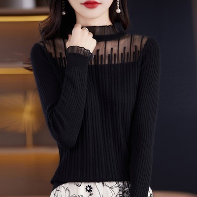 蕾丝打底衫女春秋季2025新款薄款木耳边针织上衣短款大码长袖毛衣