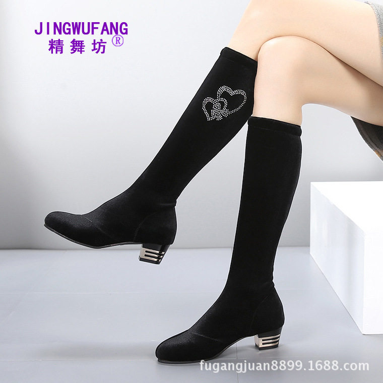杨丽萍秋冬水钻天鹅绒广场舞靴女式中跟软底瘦腿水兵舞靴跳拉丁舞,女鞋,深口单鞋,淘宝优惠券,粉丝福利购,淘宝优惠卷