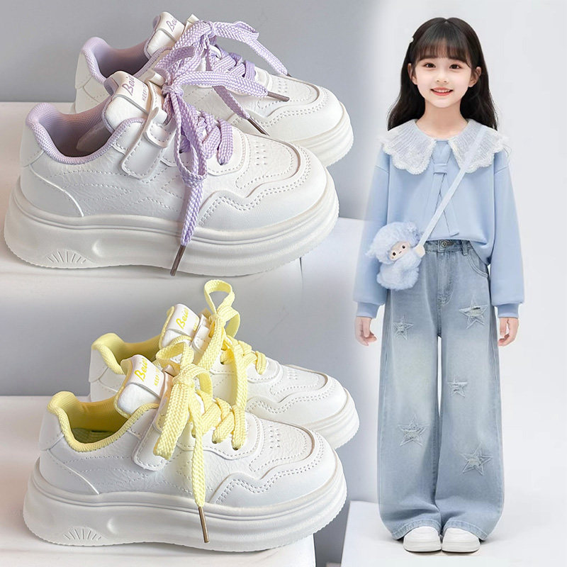 女童鞋2026春季新款儿童软底公主运动板鞋女孩皮面轻便小白鞋大童