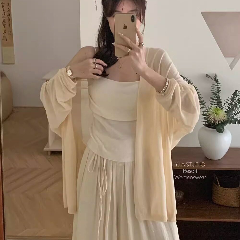 薄款开衫夏季温柔百搭冰丝防晒上衣女慵懒宽松外搭针织开衫中长款