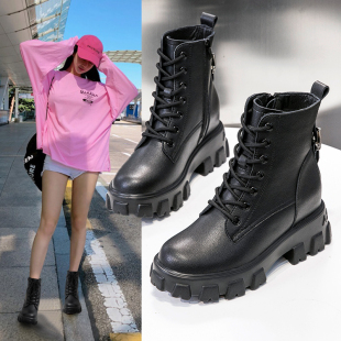 2019秋冬新款英伦风内增高女鞋真皮小个子8cm加绒马丁靴厚底短靴