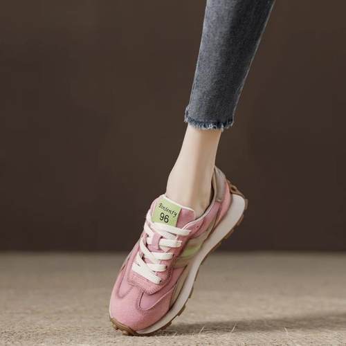 西班牙小众品牌皮面复古粉色运动鞋厚底轻便老爹鞋阿甘鞋女2025潮