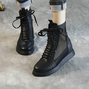 夏季 女坡跟马丁靴 罗马高帮凉靴女内增高镂空透气网纱厚底真皮凉鞋