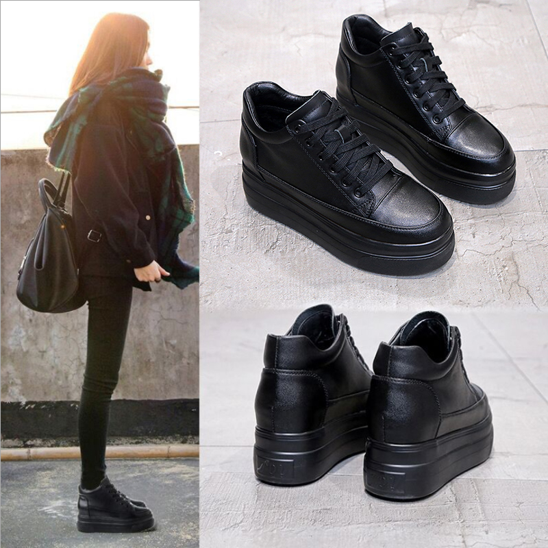 松糕底黑色内增高加绒休闲女鞋