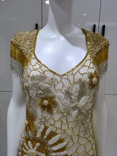 千姿阁 店主私藏款盖茨比风精美流苏钉珠围巾短款短袖礼服连衣裙