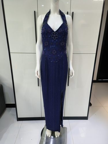 【千姿阁】vitage蓝色挂脖复古露背旗袍款礼服连衣裙