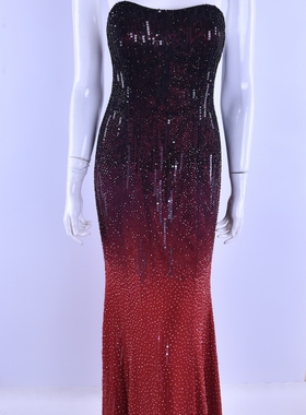 千姿阁 黑红色渐变真丝重工通体钉珠礼服连衣裙
