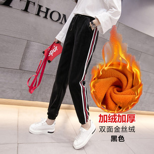 金丝绒运动裤女秋冬加绒加厚宽松束脚大码休闲卫裤灰色外穿裤子女