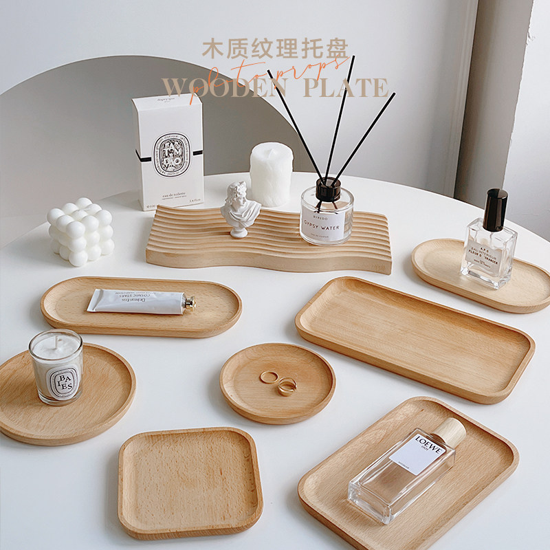 拍照道具摆件日式榉木圆托盘小清新ins田园风美食甜品台饰品收纳