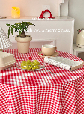 新年红色格子桌布圣诞提花格子布拍摄背景节日装饰布宠物儿童写真