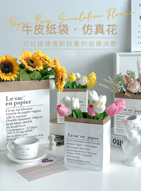 拍照道具摆件ins仿真绿植鲜花牛皮纸袋网红摄影直播间布置装饰品
