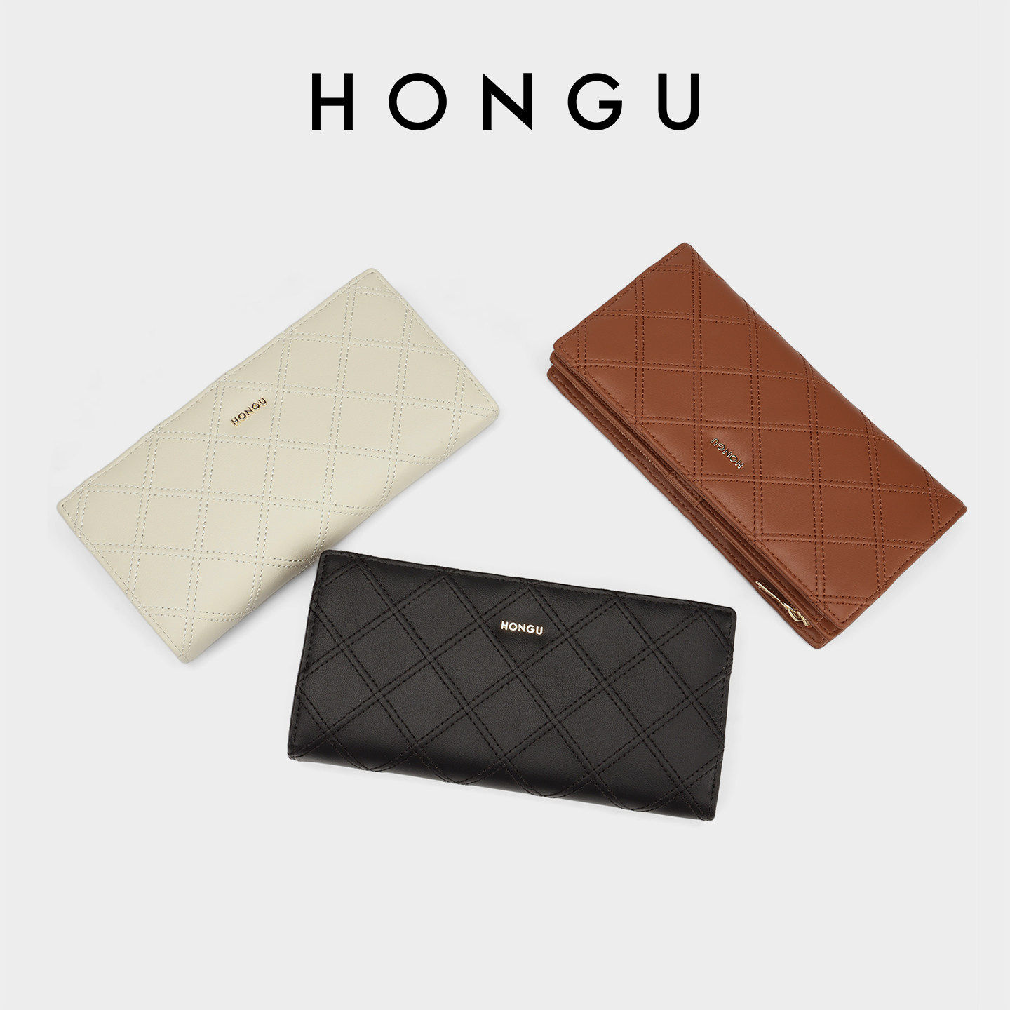 HONGU/红谷牛皮钱包女长款时尚菱格钱夹多卡位折叠皮夹小包手拿包