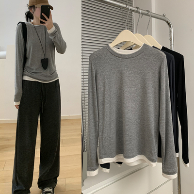 正肩天丝羊毛假两件t恤女