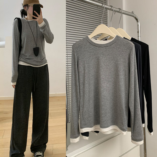 正肩天丝羊毛假两件t恤女